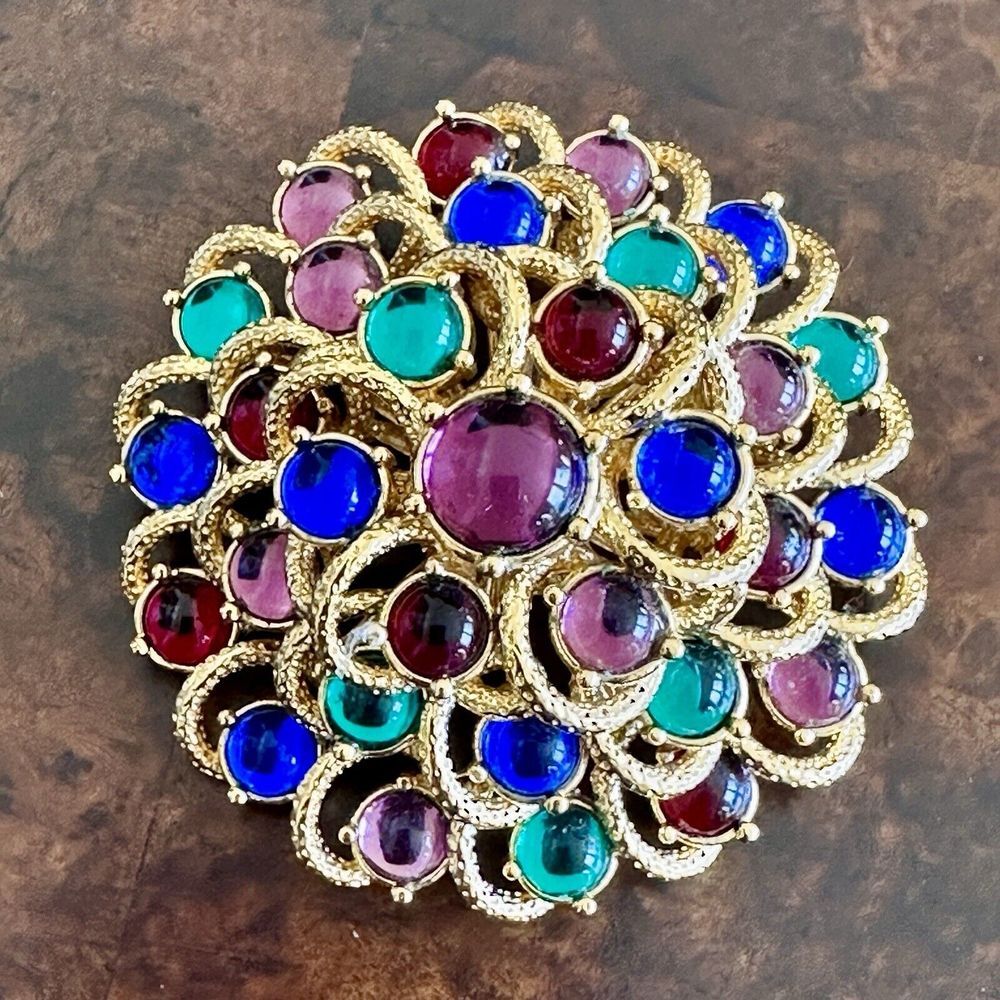 Monet Cluster Brooch 2.25 Inch Moghul Jewels Of India Gripoix Glass Gold‎ Plated